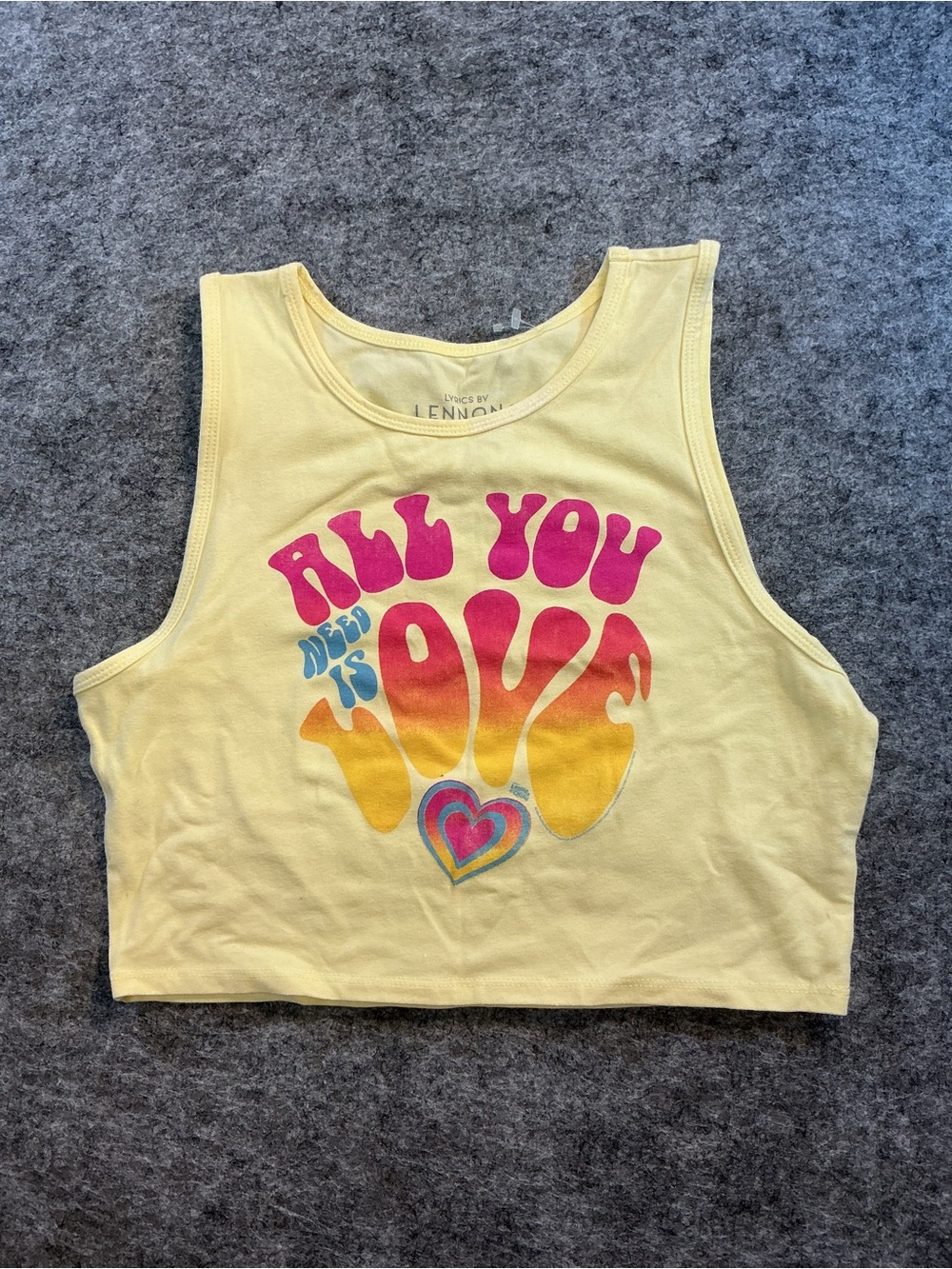 Goodie Two Sleeves Yellow Lennon & McCartney Lyrics Cropped Tank Top Size S/M